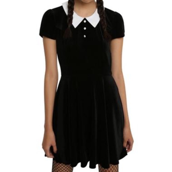 HOT TOPIC Black Velvet Dress with White Collar MD Women - Picture 5 of 9
